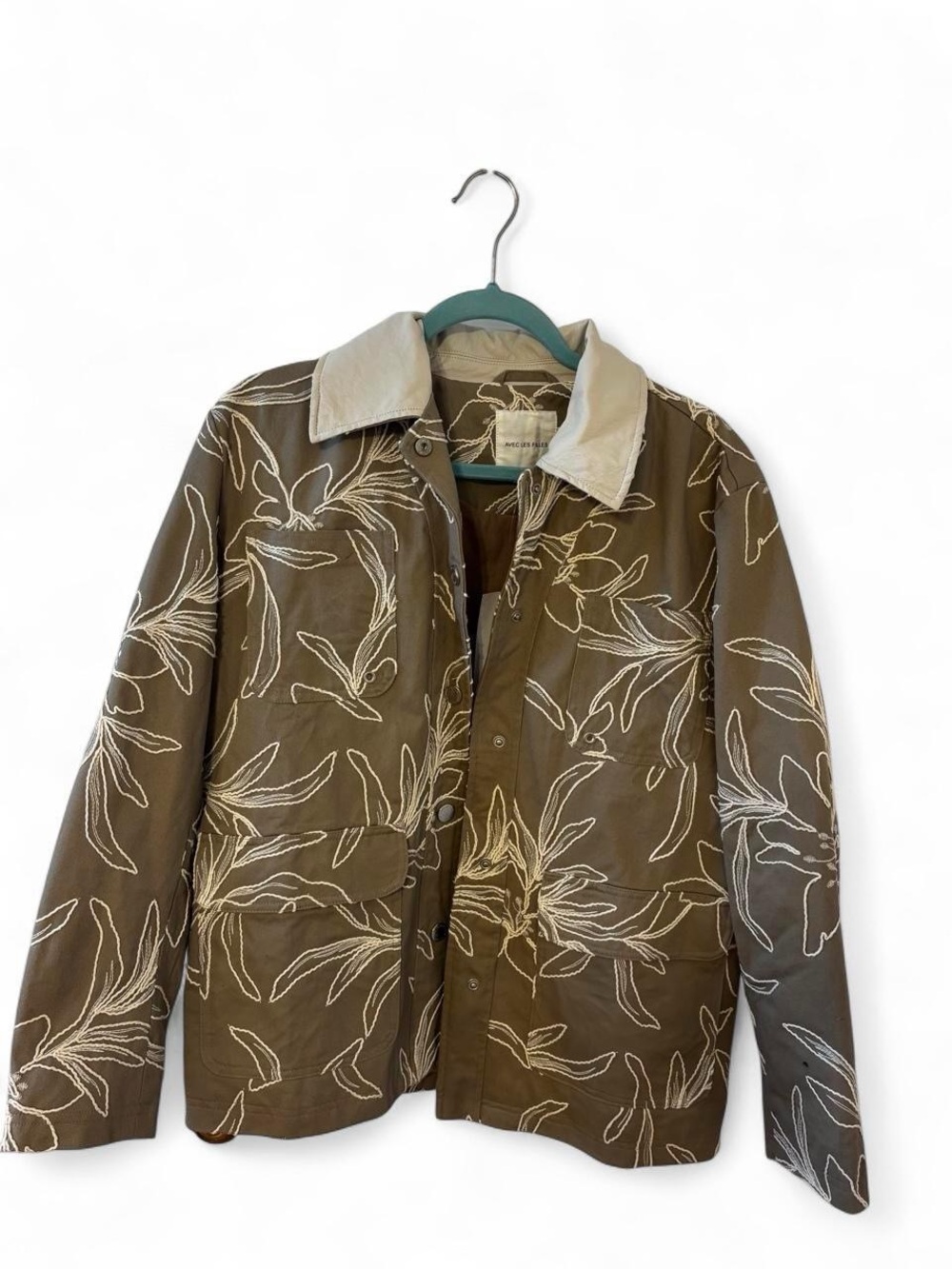 RARE Barn Jacket with Leather Collar in tan - floral embroidered detail (relaxed